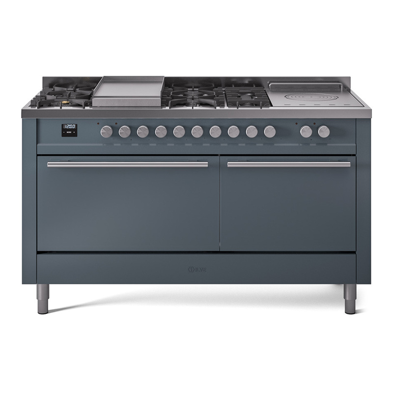 ILVE UP60FSQMPBG Professional Plus II 60" Dual Fuel Range (7 Sealed Burners + Griddle + French Top, Natural Gas, Solid Door, Blue Grey)