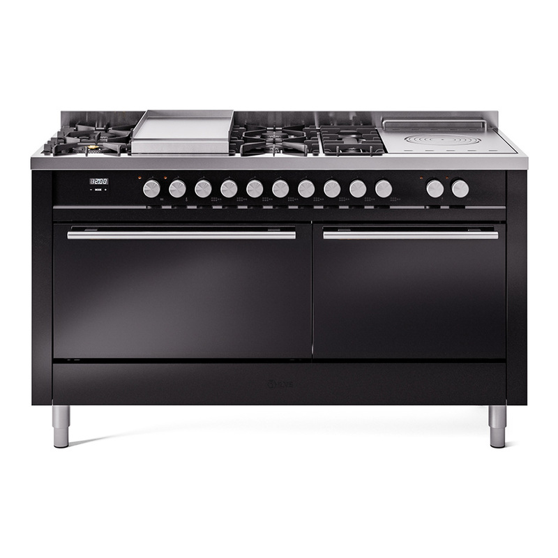 ILVE UP60FSQMPBK Professional Plus II 60" Dual Fuel Range (7 Sealed Burners + Griddle + French Top, Natural Gas, Solid Door, Glossy Black)