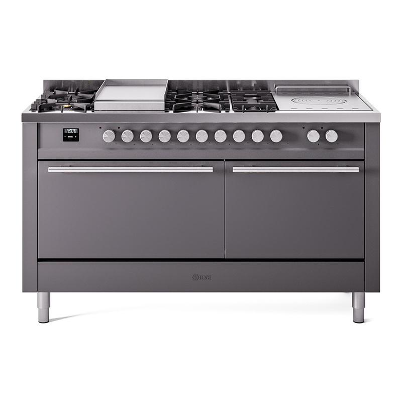 ILVE UP60FSQMPMGLP Professional Plus II 60" Dual Fuel Range (7 Sealed Burners + Griddle + French Top, Liquid Propane, Solid Door, Graphite Matte)