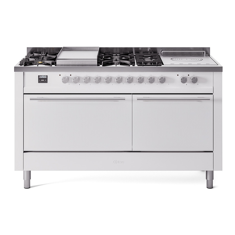 ILVE UP60FSQMPWHLP Professional Plus II 60" Dual Fuel Range  (7 Sealed Burners + Griddle + French Top, Liquid Propane, Solid Door, White)