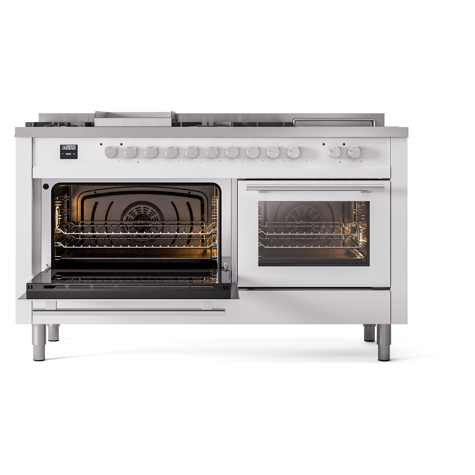 ILVE UP60FSQMPWHLP Professional Plus II 60 inch Dual Fuel Range (7 Sealed Burners + Griddle + French Top, Liquid Propane, Solid Door, White) 6 ILVE_UP60FSQMPWHLP_Professional_Plus_II_main_oven_door_opened