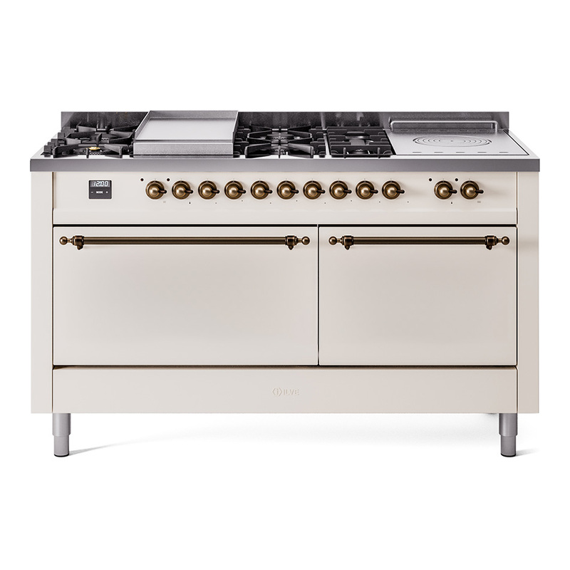 ILVE UP60FSQNMPAWBLP Nostalgie II 60" Dual Fuel Range (7 Sealed Burners + Griddle + French Top, Liquid Propane, Solid Door, Antique White, Bronze)