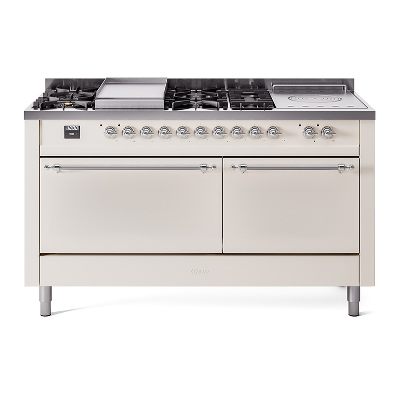 ILVE UP60FSQNMPAWC Nostalgie II 60" Dual Fuel Range (7 Sealed Burners + Griddle + French Top, Natural Gas, Solid Door, Antique White, Chrome)