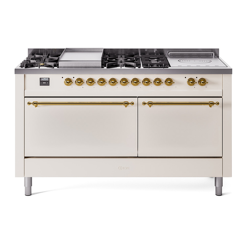 ILVE UP60FSQNMPAWG Nostalgie II 60" Dual Fuel Range (7 Sealed Burners + Griddle + French Top, Natural Gas, Solid Door, Antique White, Brass)