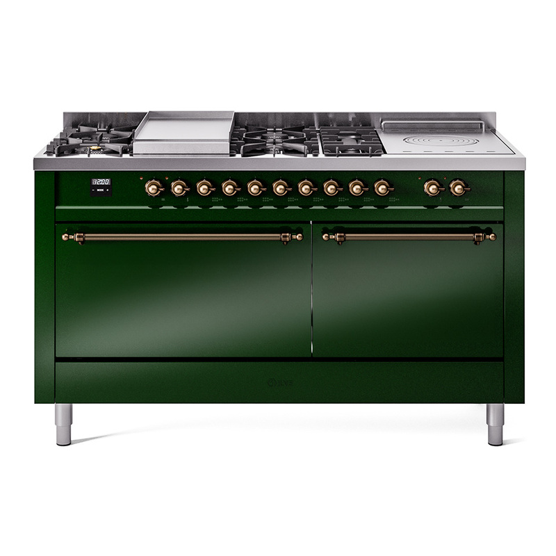 ILVE UP60FSQNMPEGB Nostalgie II 60" Dual Fuel Range  (7 Sealed Burners + Griddle + French Top, Natural Gas, Solid Door, Emerald Green, Bronze)