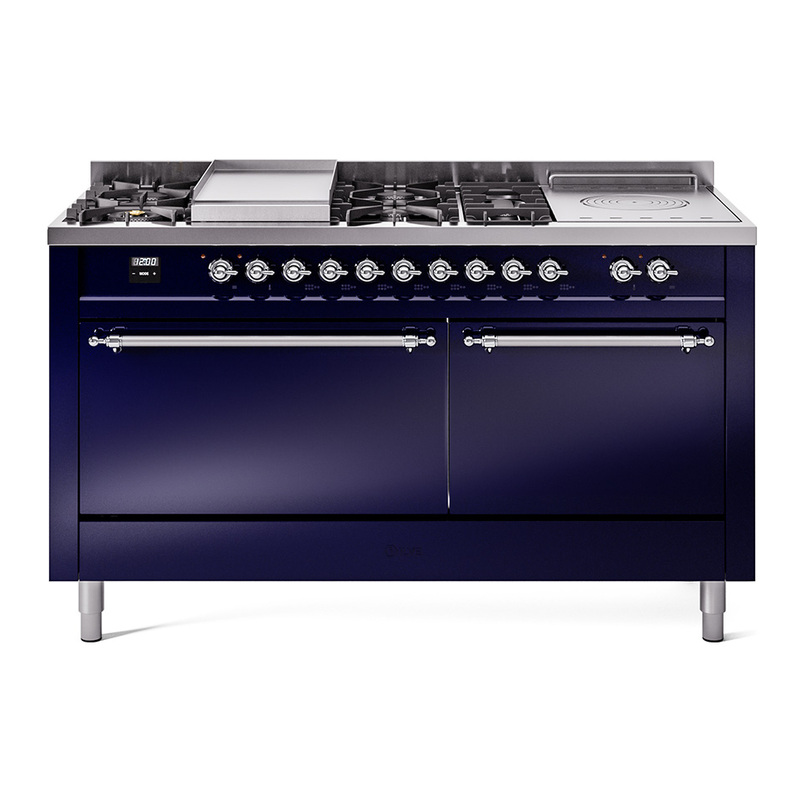 ILVE UP60FSQNMPMBC Nostalgie II 60" Dual Fuel Range  (7 Sealed Burners + Griddle + French Top, Natural Gas, Solid Door, Midnight Blue, Chrome)