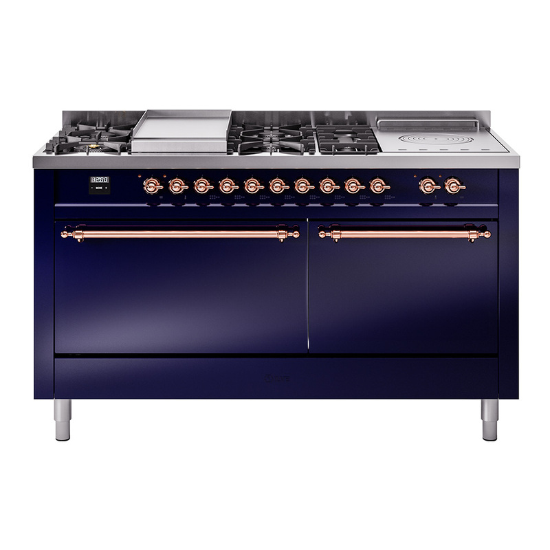 ILVE UP60FSQNMPMBP Nostalgie II 60" Dual Fuel Range  (7 Sealed Burners + Griddle + French Top, Natural Gas, Solid Door, Midnight Blue, Copper)
