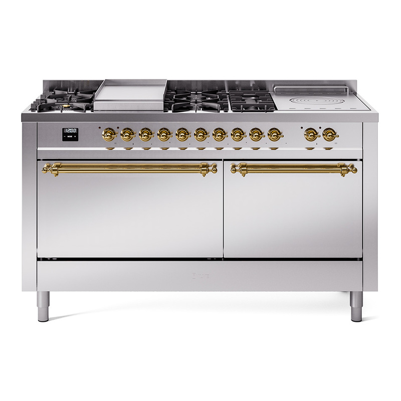 ILVE UP60FSQNMPSSGLP Nostalgie II 60" Dual Fuel Range  (7 Sealed Burners + Griddle + French Top, Liquid Propane, Solid Door, Stainless Steel, Brass)