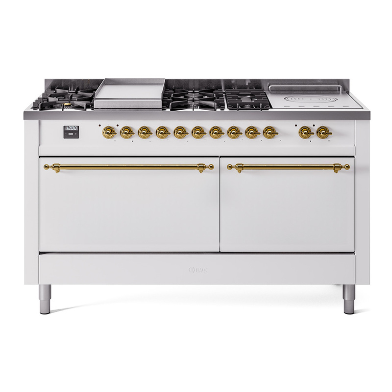 ILVE UP60FSQNMPWHG Nostalgie II 60" Dual Fuel Range  (7 Sealed Burners + Griddle + French Top, Natural Gas, Solid Door, White, Brass)