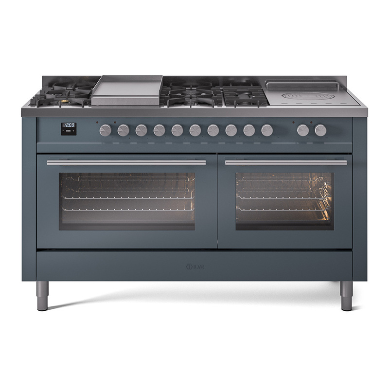 ILVE UP60FSWMPBGLP Professional Plus II 60" Dual Fuel Range  (7 Sealed Burners + Griddle + French Top, Liquid Propane, Triple Glass Door, Blue Grey)