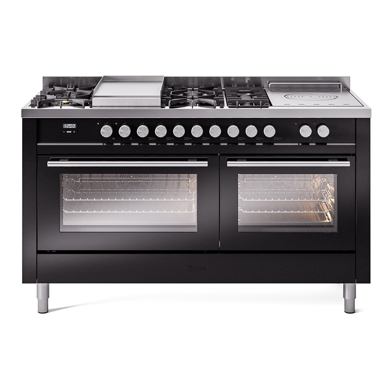 ILVE UP60FSWMPBKLP Professional Plus II 60" Dual Fuel Range  (7 Sealed Burners + Griddle + French Top, Liquid Propane, Triple Glass Door, Glossy Black)