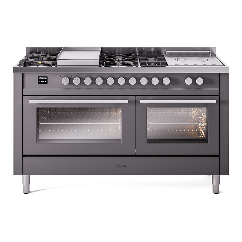 ILVE UP60FSWMPMGLP Professional Plus II 60" Dual Fuel Range  (7 Sealed Burners + Griddle + French Top, Liquid Propane, Triple Glass Door, Graphite Matte)