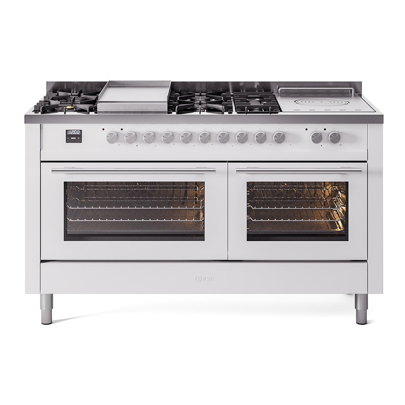 ILVE UP60FSWMPWHLP Professional Plus II 60" Dual Fuel Range  (7 Sealed Burners + Griddle + French Top, Liquid Propane, Triple Glass Door, White)