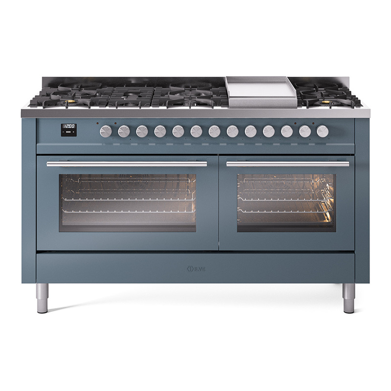 ILVE UP60FWMPBGLP Professional Plus II 60" Dual Fuel Range  (9 Sealed Burners + Griddle, Liquid Propane, Triple Glass Door, Blue Grey)