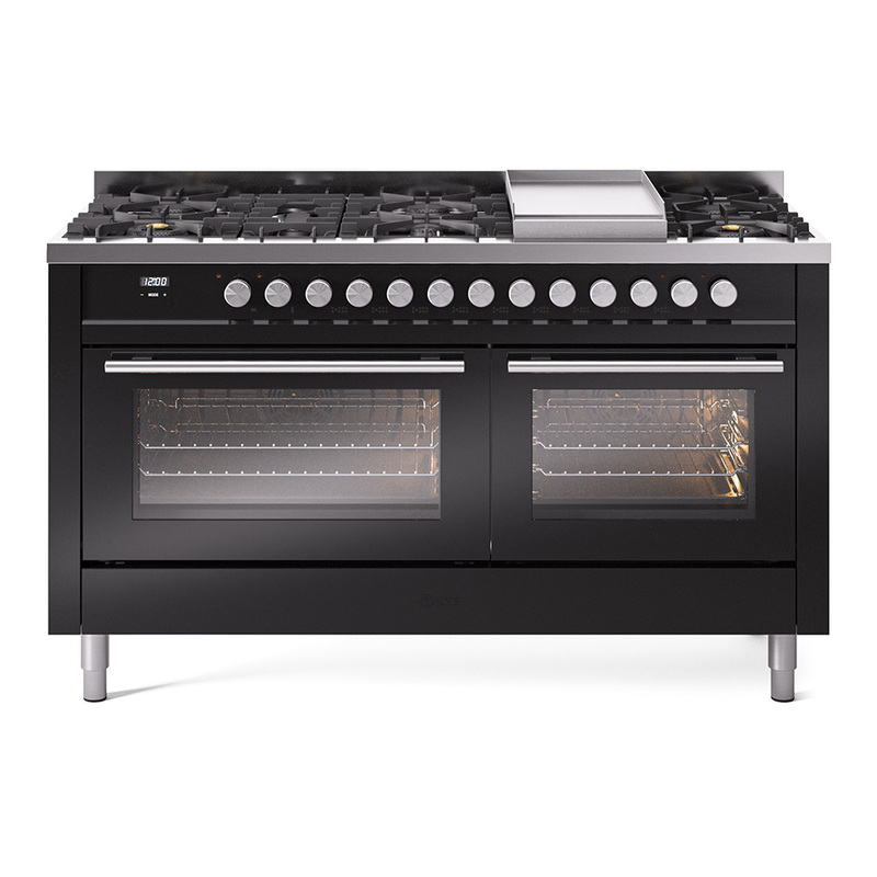 ILVE UP60FWMPBKLP Professional Plus II 60" Dual Fuel Range  (9 Sealed Burners + Griddle, Liquid Propane, Triple Glass Door, Glossy Black)