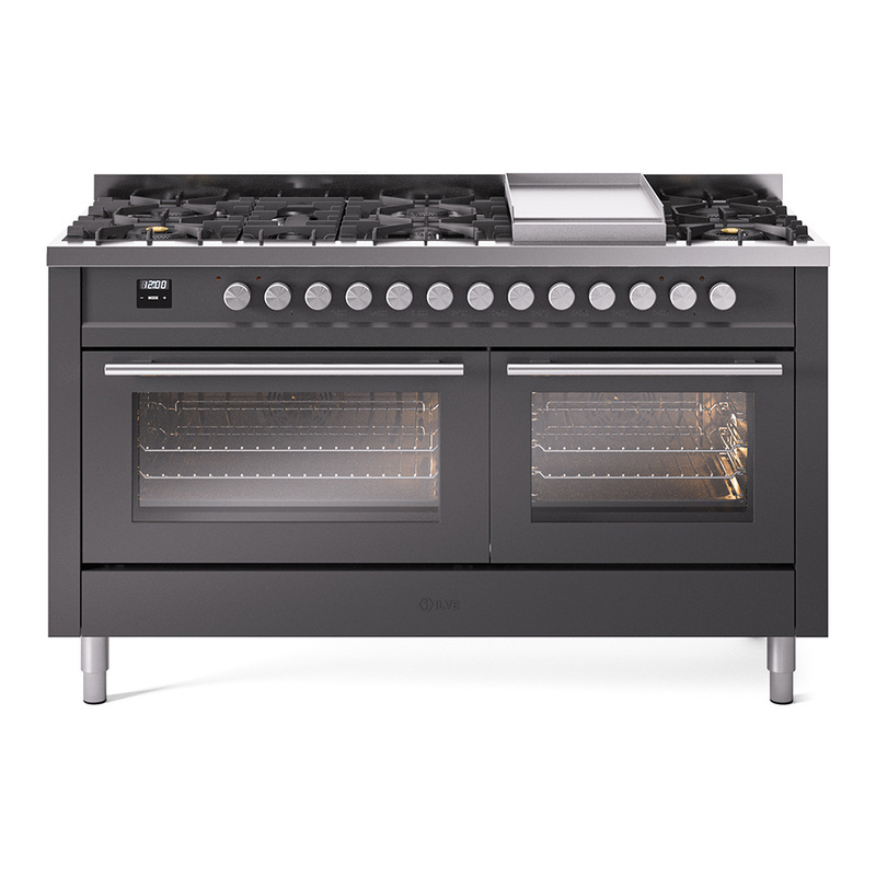 ILVE UP60FWMPMGLP Professional Plus II 60" Dual Fuel Range  (9 Sealed Burners + Griddle, Liquid Propane, Triple Glass Door, Graphite Matte)