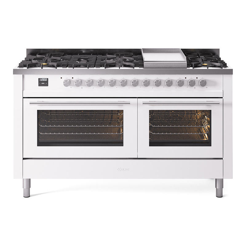 ILVE UP60FWMPWHLP Professional Plus II 60" Dual Fuel Range  (9 Sealed Burners + Griddle, Liquid Propane, Triple Glass Door, White)