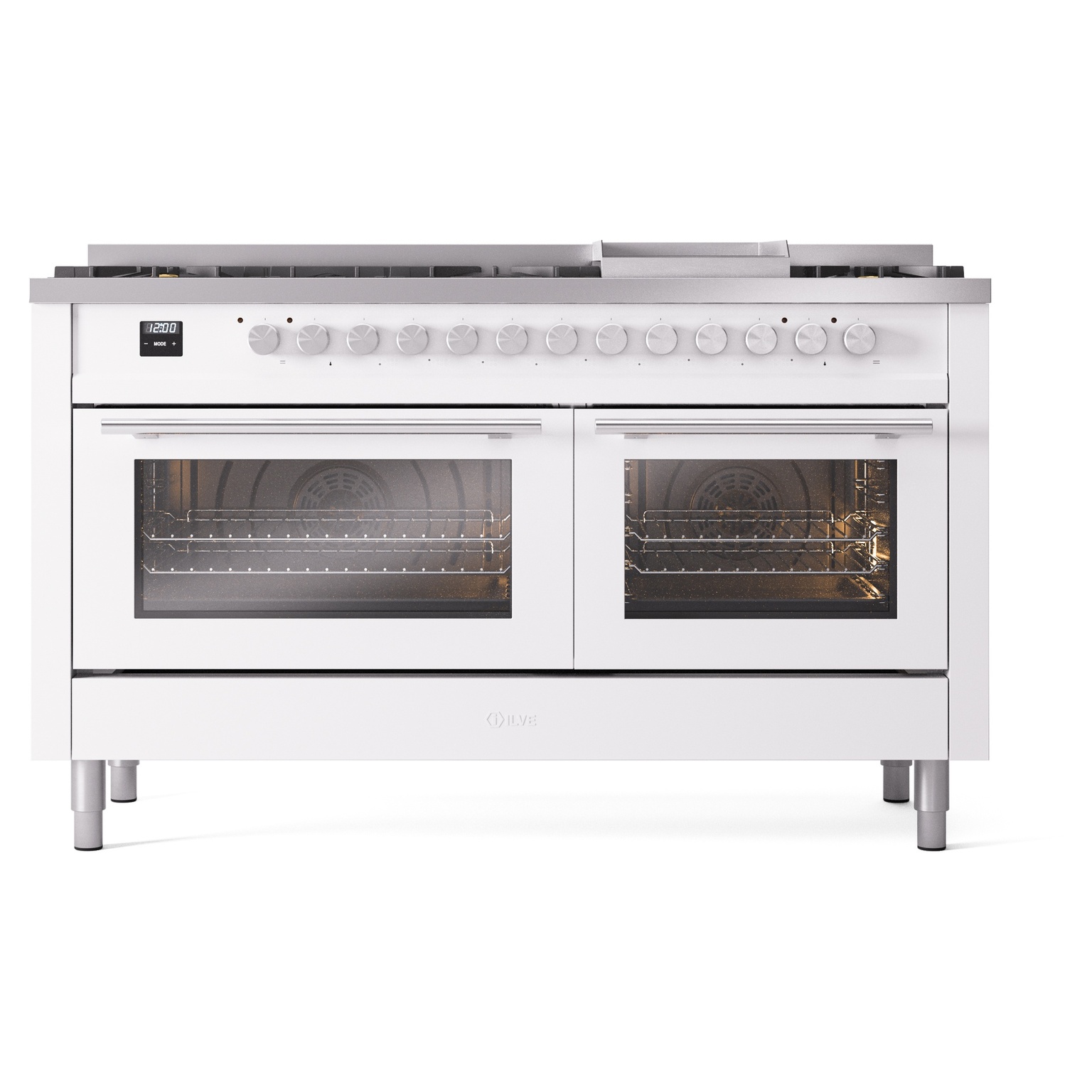 ILVE UP60FWMPWH Professional Plus II 60 inch Dual Fuel Range (9 Sealed Burners + Griddle, Natural Gas, Triple Glass Door, White) 6 ILVE_UP60FWMPWH_Professional_Plus_II_front_view