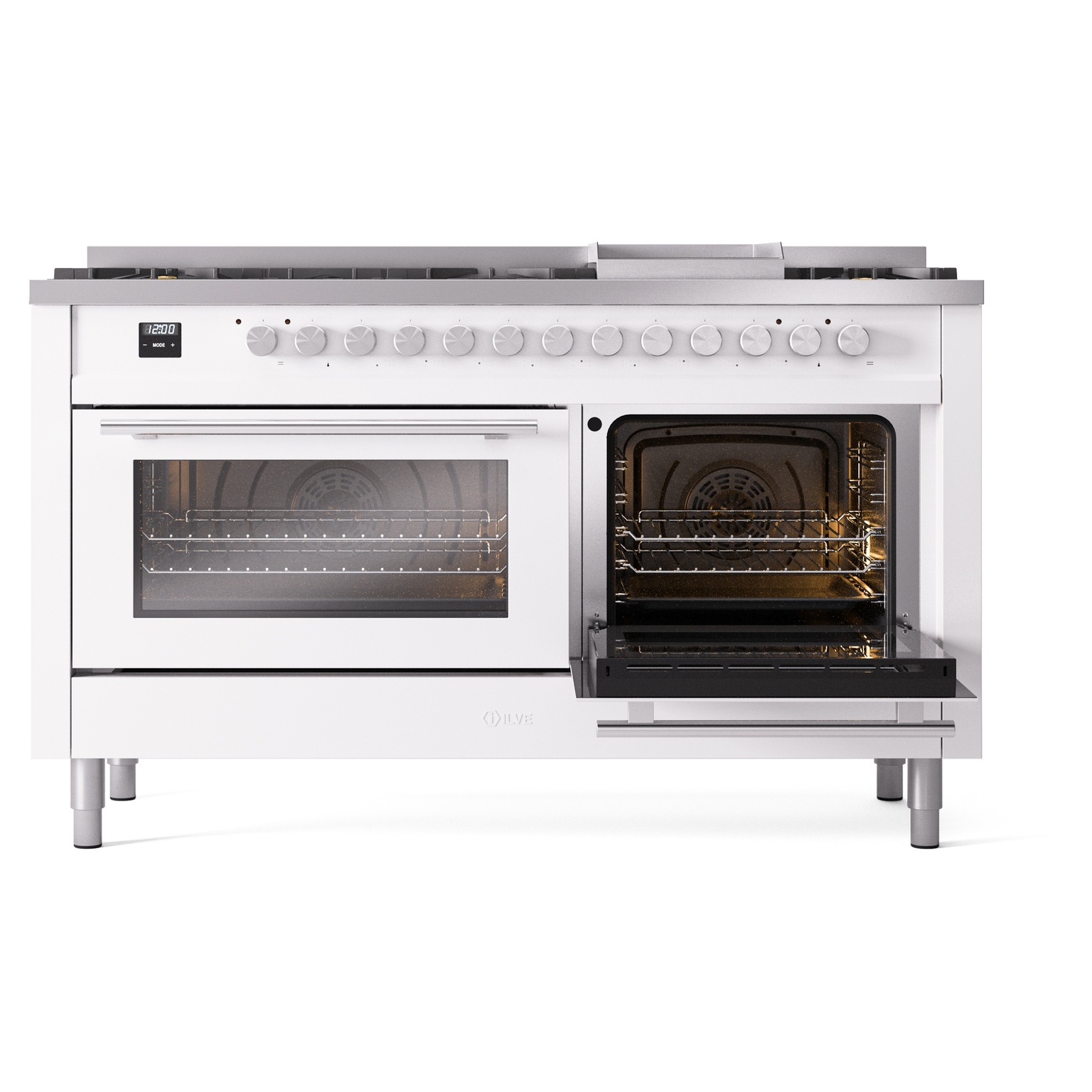 ILVE UP60FWMPWH Professional Plus II 60 inch Dual Fuel Range (9 Sealed Burners + Griddle, Natural Gas, Triple Glass Door, White) 8 ILVE_UP60FWMPWH_Professional_Plus_II_side_oven_door_opened