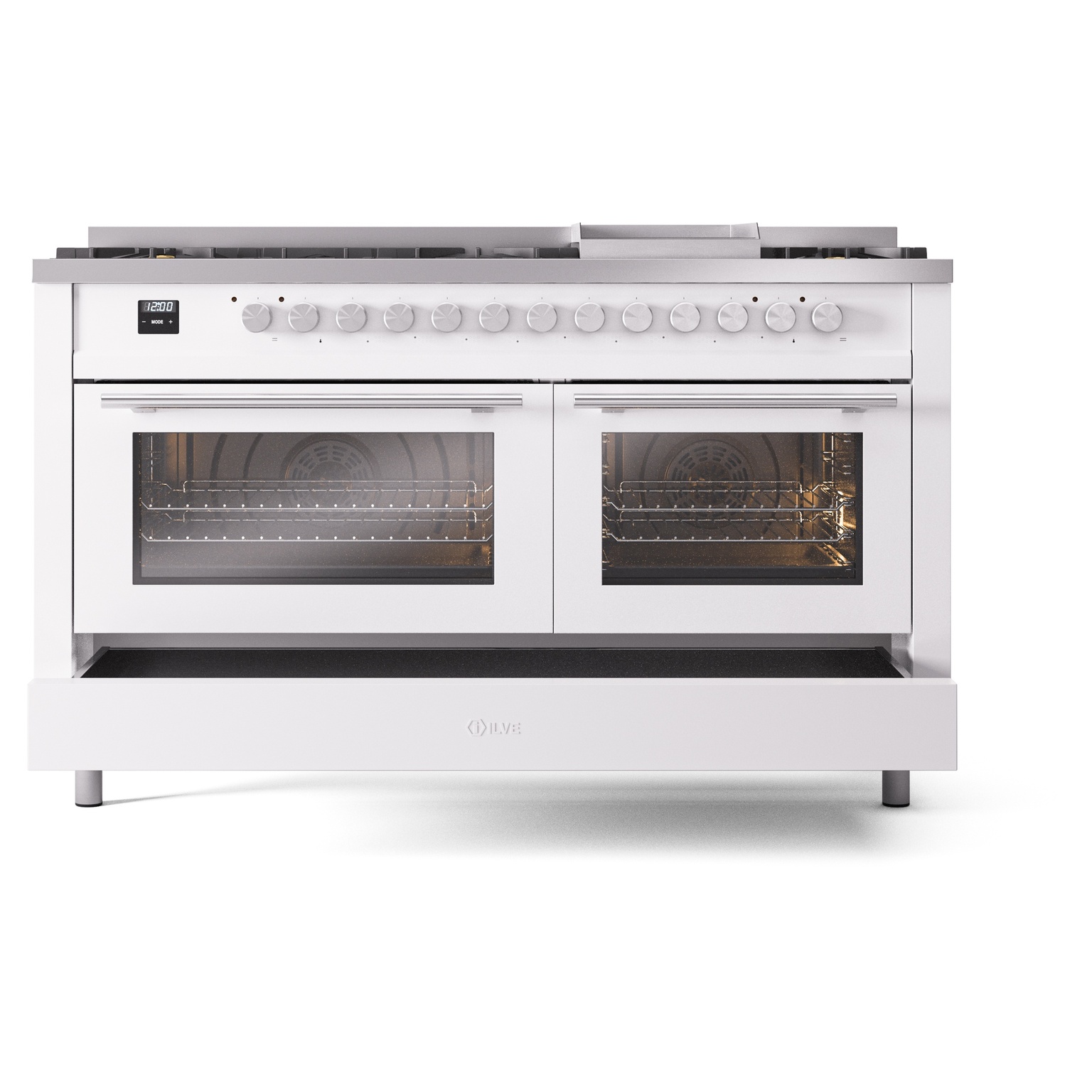 ILVE UP60FWMPWH Professional Plus II 60 inch Dual Fuel Range (9 Sealed Burners + Griddle, Natural Gas, Triple Glass Door, White) 9 ILVE_UP60FWMPWH_Professional_Plus_II_drawer_opened