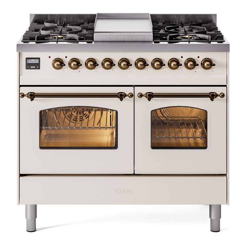 ILVE UPD40FNMPAWBLP Nostalgie II 40" Dual Fuel Range (Liquid Propane, Triple Glass Door, Antique White, Burnished)