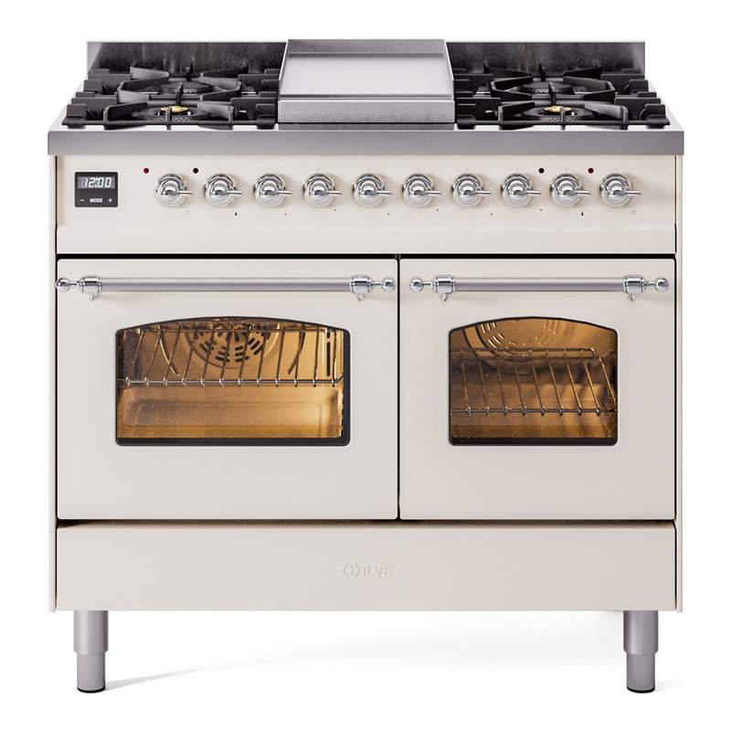 ILVE UPD40FNMPAWCLP Nostalgie II 40" Dual Fuel Range (Liquid Propane, Triple Glass Door, Antique White, Chrome)