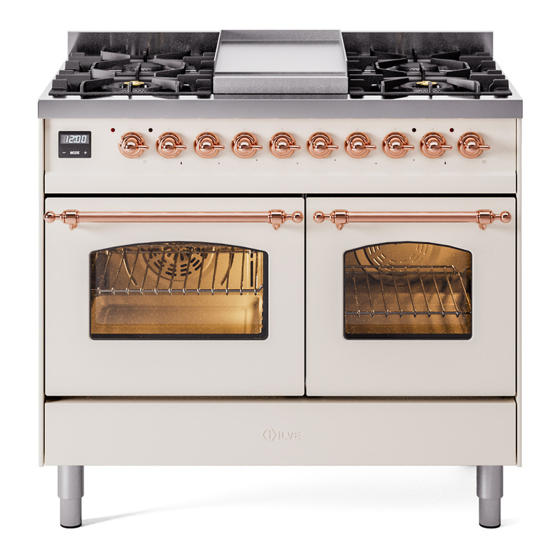 ILVE UPD40FNMPAWPLP Nostalgie II 40" Dual Fuel Range (Liquid Propane, Triple Glass Door, Antique White, Copper)