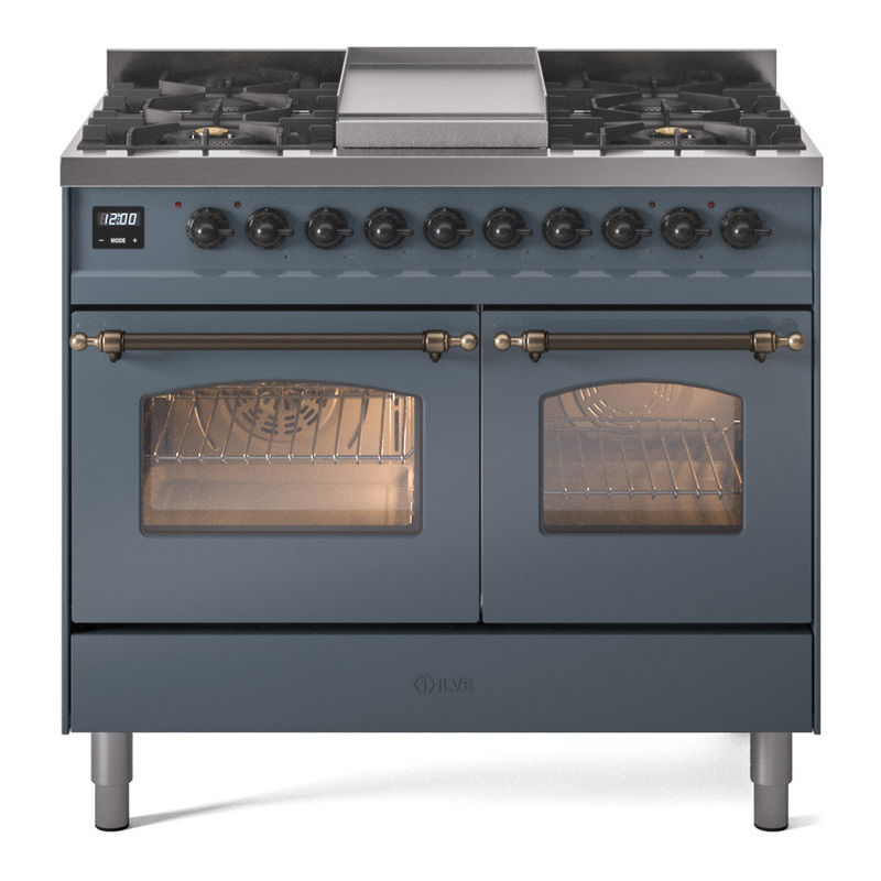 ILVE UPD40FNMPBGBLP Nostalgie II 40" Dual Fuel Range (Liquid Propane, Triple Glass Door, Blue Grey, Burnished)