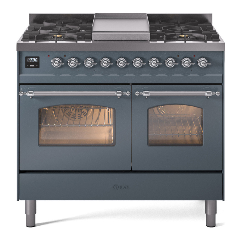 ILVE UPD40FNMPBGCLP Nostalgie II 40" Dual Fuel Range (Liquid Propane, Triple Glass Door, Blue Grey, Chrome)