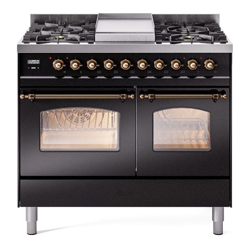 ILVE UPD40FNMPBKBLP Nostalgie II 40" Dual Fuel Range (Liquid Propane, Triple Glass Door, Glossy Black, Burnished)