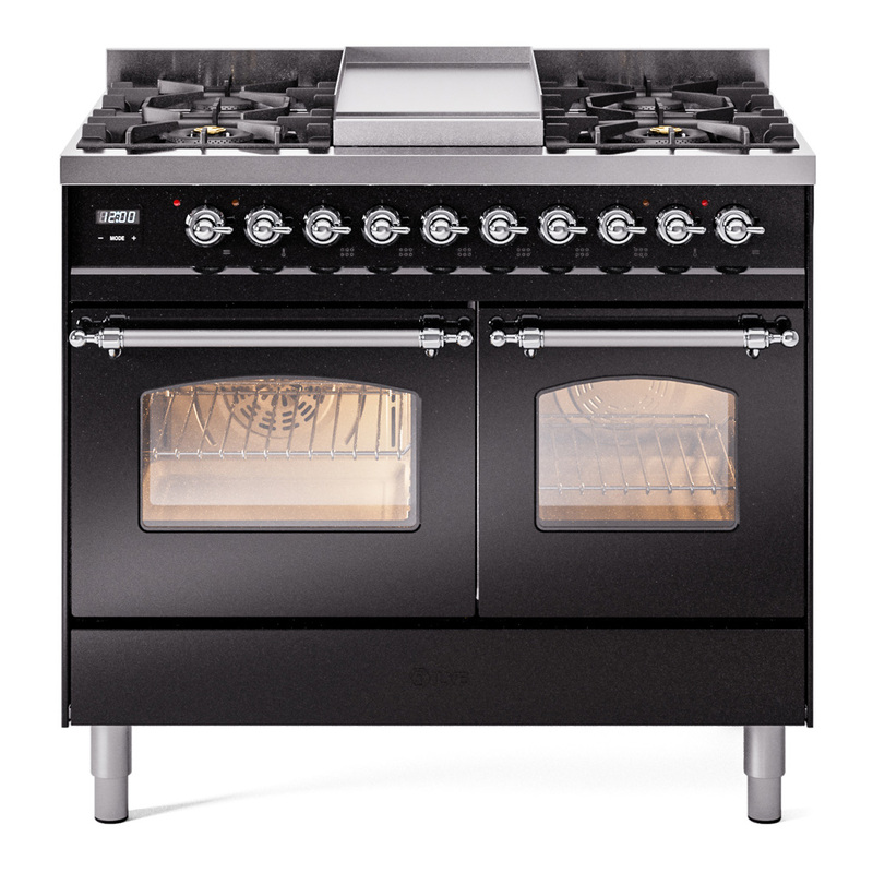 ILVE UPD40FNMPBKCLP Nostalgie II 40" Dual Fuel Range (Liquid Propane, Triple Glass Door, Glossy Black, Chrome)