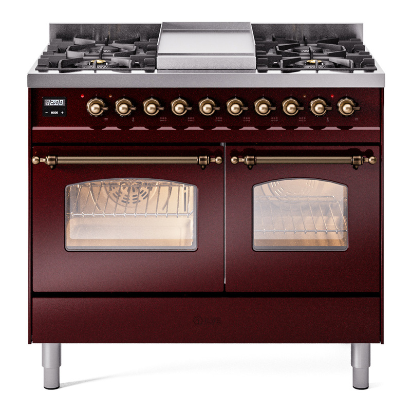 ILVE UPD40FNMPBUBLP Nostalgie II 40" Dual Fuel Range (Liquid Propane, Triple Glass Door, Burgundy, Burnished)