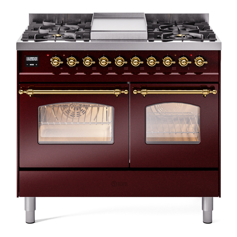 ILVE UPD40FNMPBUGLP Nostalgie II 40" Dual Fuel Range (Liquid Propane, Triple Glass Door, Burgundy, Brass)