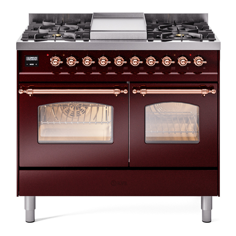 ILVE UPD40FNMPBUPLP Nostalgie II 40" Dual Fuel Range (Liquid Propane, Triple Glass Door, Burgundy, Copper)