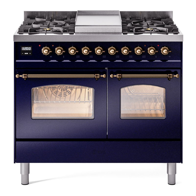 ILVE UPD40FNMPMBBLP Nostalgie II 40" Dual Fuel Range (Liquid Propane, Triple Glass Door, Midnight Blue, Burnished)