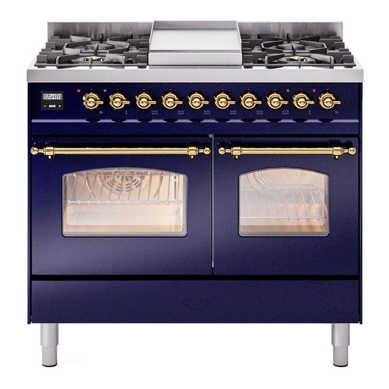 ILVE UPD40FNMPMBGLP Nostalgie II 40" Dual Fuel Range (Liquid Propane, Triple Glass Door, Midnight Blue, Brass)