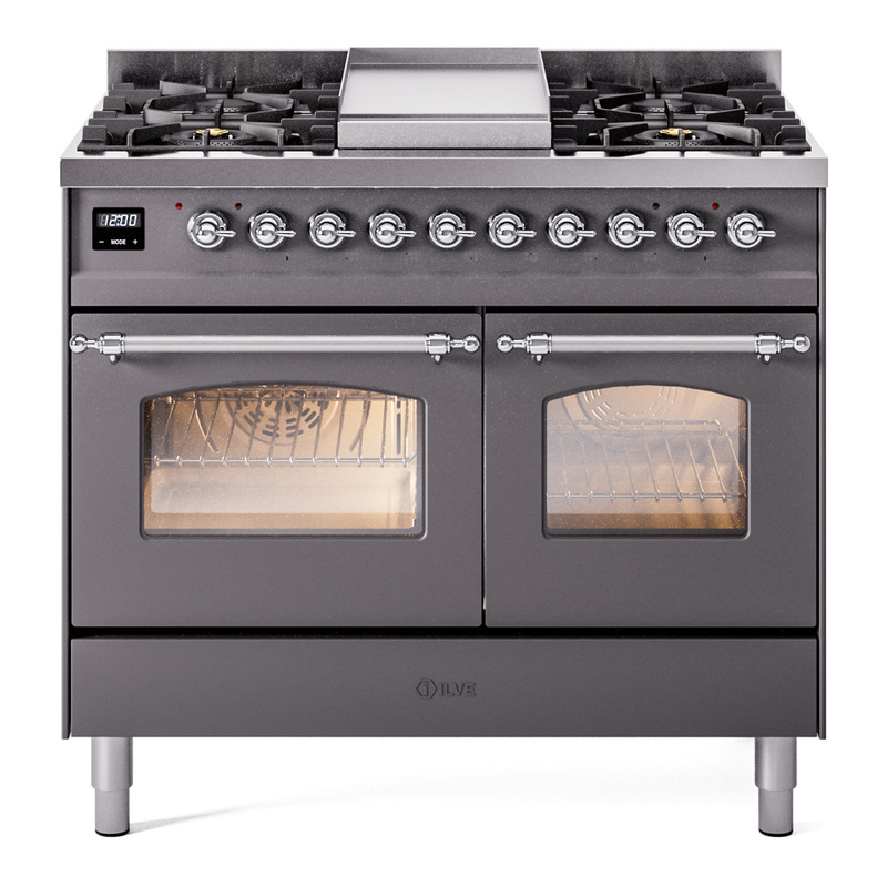 ILVE UPD40FNMPMGCLP Nostalgie II 40" Dual Fuel Range (Liquid Propane, Triple Glass Door, Graphite Matte, Chrome)