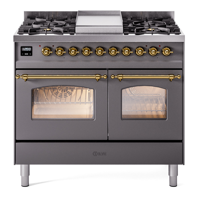 ILVE UPD40FNMPMGGLP Nostalgie II 40" Dual Fuel Range (Liquid Propane, Triple Glass Door, Graphite Matte, Brass)