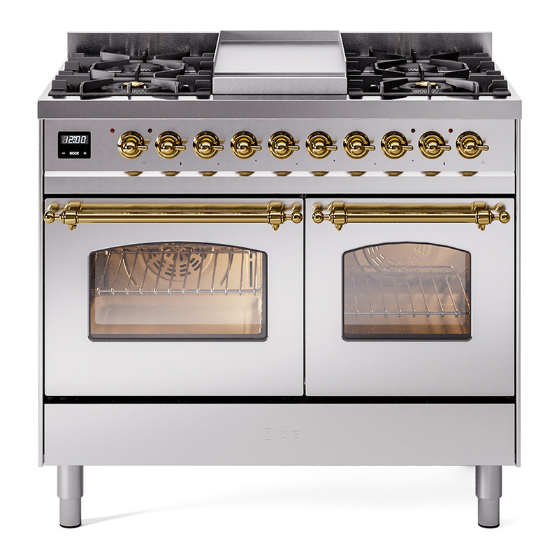 ILVE UPD40FNMPSSGLP Nostalgie II 40" Dual Fuel Range (Liquid Propane, Triple Glass Door, Stainless Steel, Brass)