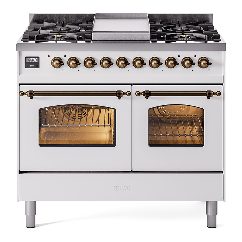 ILVE UPD40FNMPWHBLP Nostalgie II 40" Dual Fuel Range (Liquid Propane, Triple Glass Door, White, Bronze)