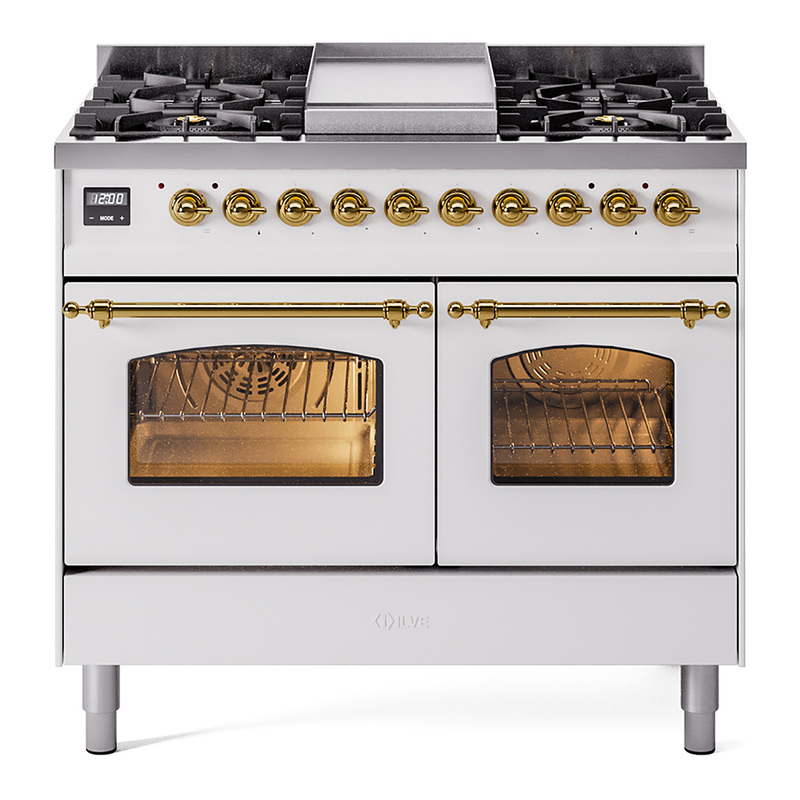 ILVE UPD40FNMPWHGLP Nostalgie II 40" Dual Fuel Range (Liquid Propane, Triple Glass Door, White, Brass)