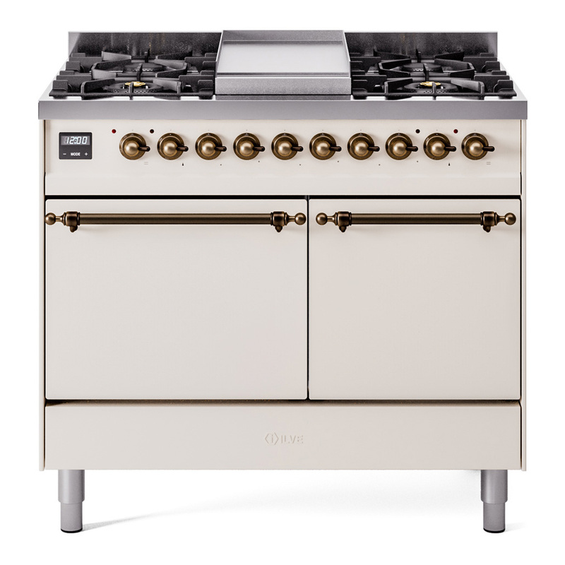 ILVE UPD40FQNMPAWBLP Nostalgie II 40" Dual Fuel Range (Liquid Propane, Solid Door, Antique White, Bronze)