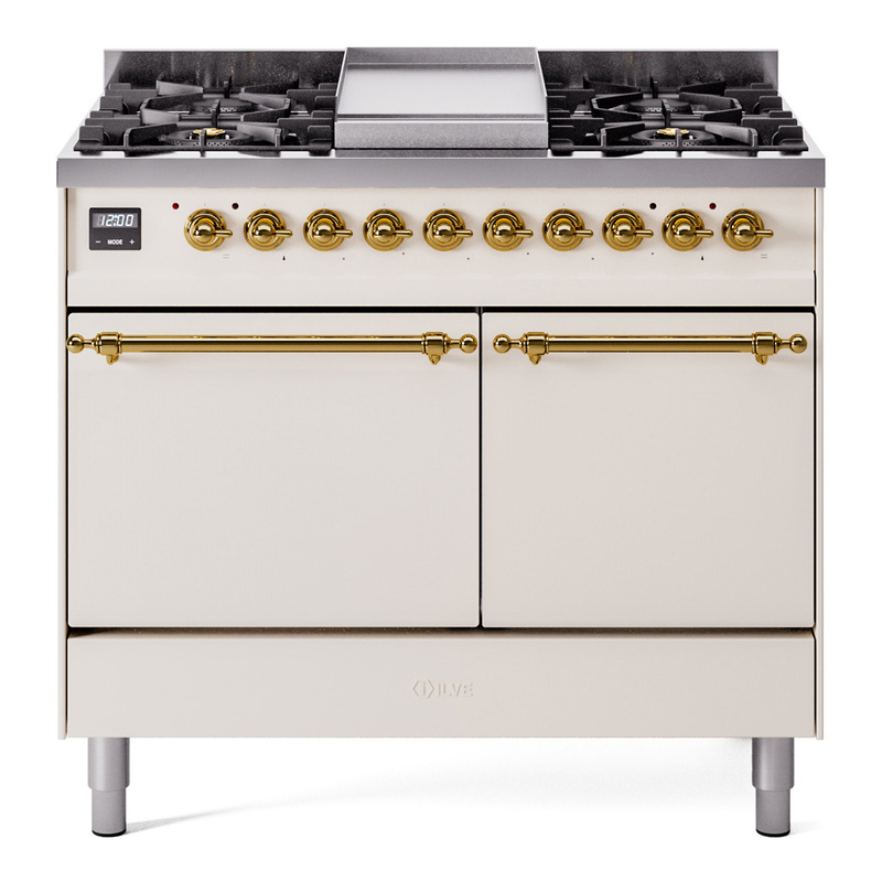 ILVE UPD40FQNMPAWGLP Nostalgie II 40" Dual Fuel Range (Liquid Propane, Solid Door, Antique White, Brass)