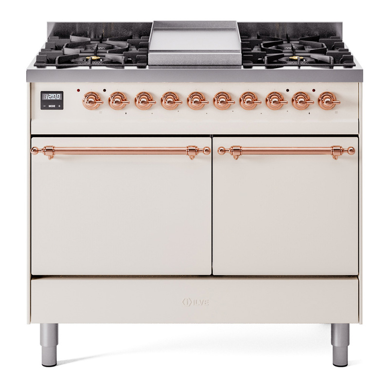 ILVE UPD40FQNMPAWPLP Nostalgie II 40" Dual Fuel Range (Liquid Propane, Solid Door, Antique White, Copper)