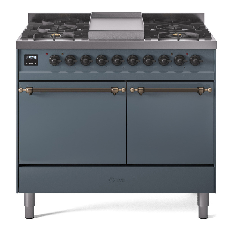 ILVE UPD40FQNMPBGBLP Nostalgie II 40" Dual Fuel Range (Liquid Propane, Solid Door, Blue Grey, Bronze)