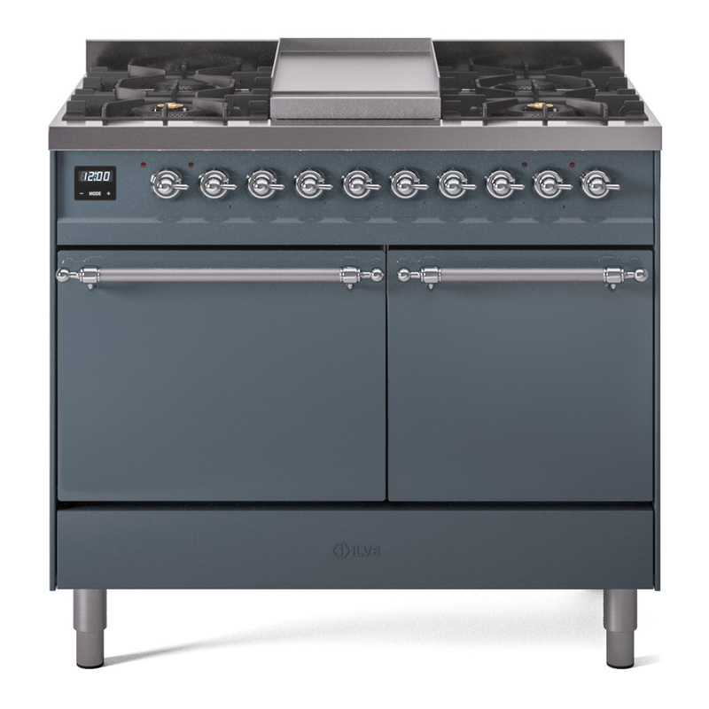 ILVE UPD40FQNMPBGCLP Nostalgie II 40" Dual Fuel Range (Liquid Propane, Solid Door, Blue Grey, Chrome)