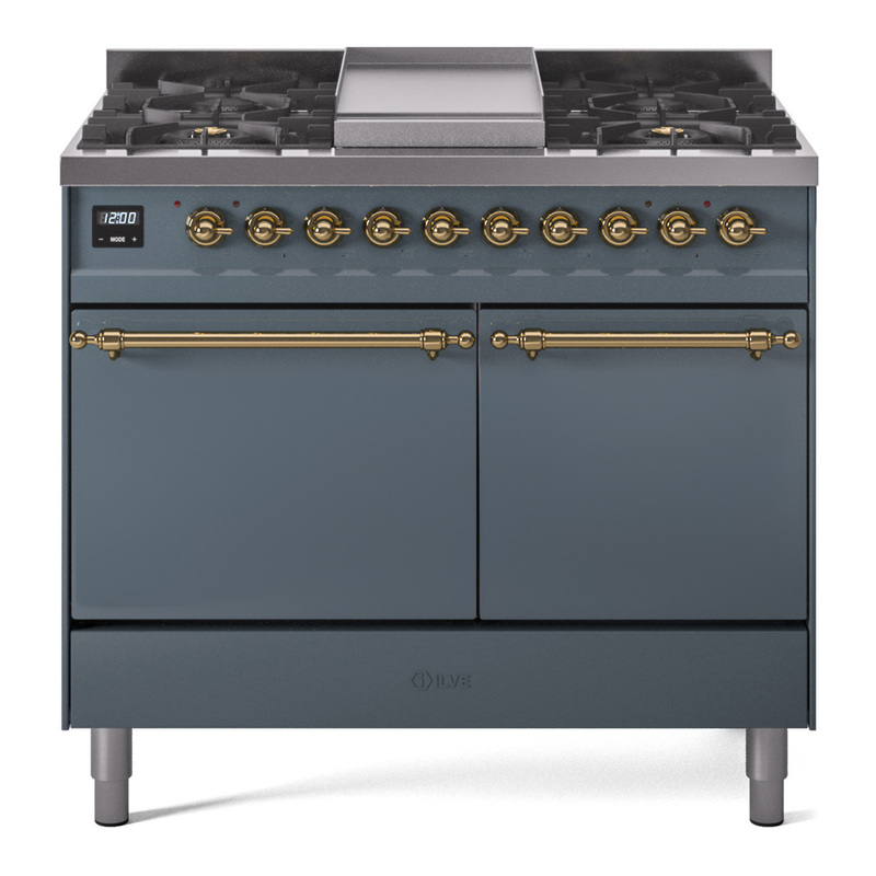 ILVE UPD40FQNMPBGGLP Nostalgie II 40" Dual Fuel Range (Liquid Propane, Solid Door, Blue Grey, Brass)