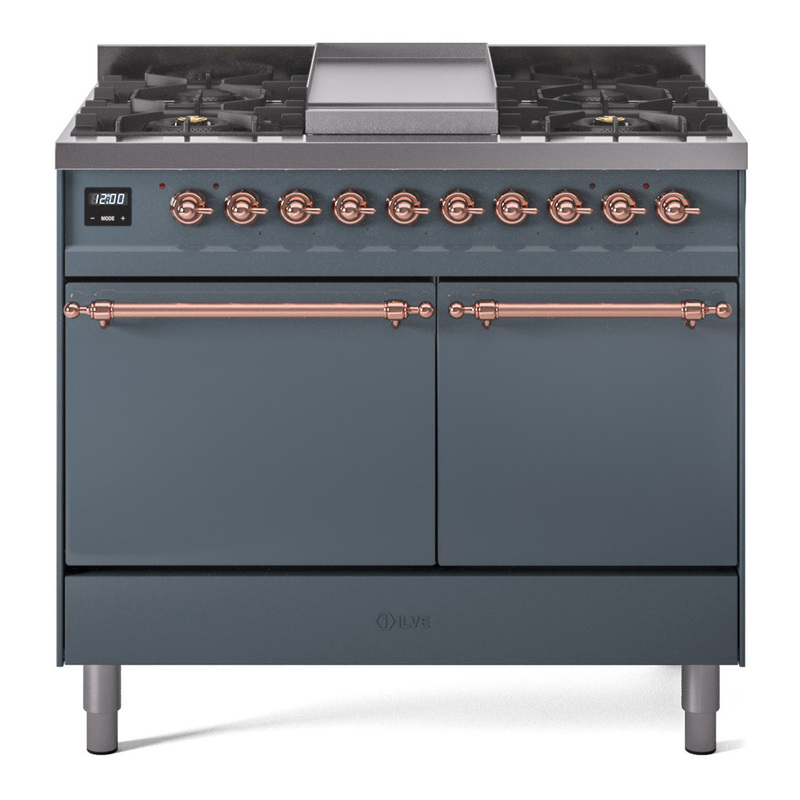 ILVE UPD40FQNMPBGPLP Nostalgie II 40" Dual Fuel Range (Liquid Propane, Solid Door, Blue Grey, Copper)