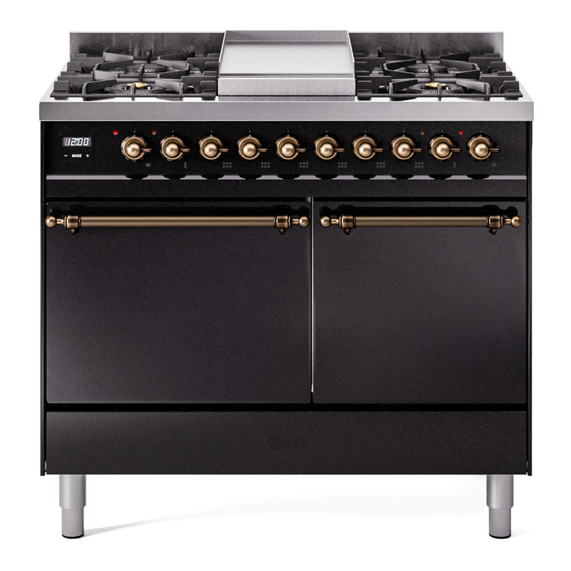 ILVE UPD40FQNMPBKBLP Nostalgie II 40" Dual Fuel Range (Liquid Propane, Solid Door, Glossy Black, Bronze)