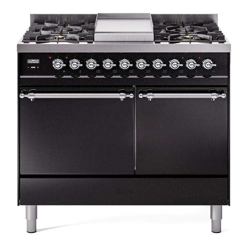 ILVE UPD40FQNMPBKCLP Nostalgie II 40" Dual Fuel Range (Liquid Propane, Solid Door, Glossy Black, Chrome)